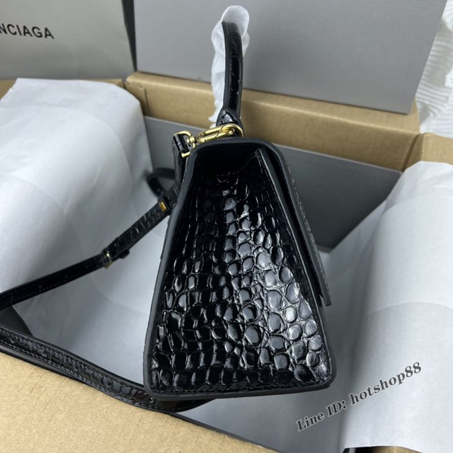 Balenciaga專櫃爆款鱷魚紋黑色金扣中號Hourglass沙漏包 巴黎世家頂級原單手提肩背包 fyj1217